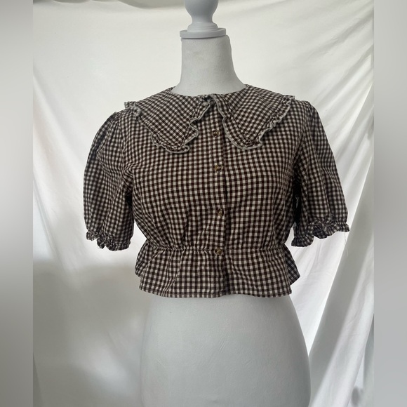 Brown and White Gingham Women's Cropped Button Down Puff Sleeve Peter Pan Collar - Picture 1 of 5